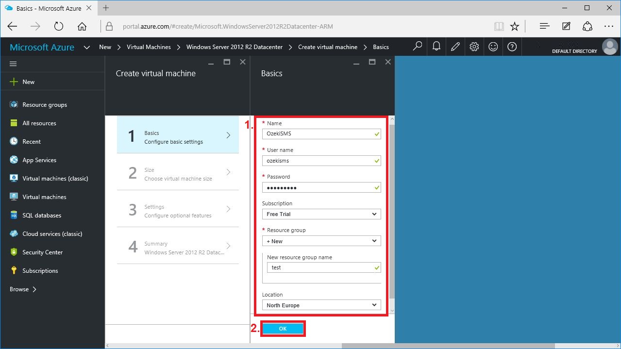 settings of the azure sms sending