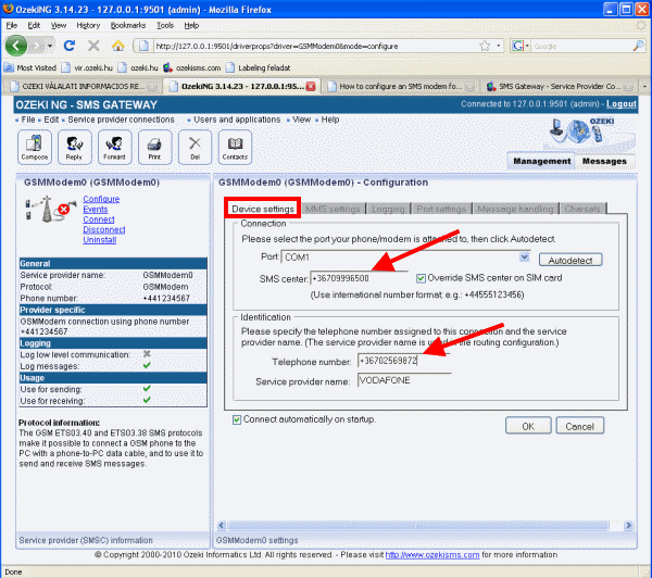 sms device settings