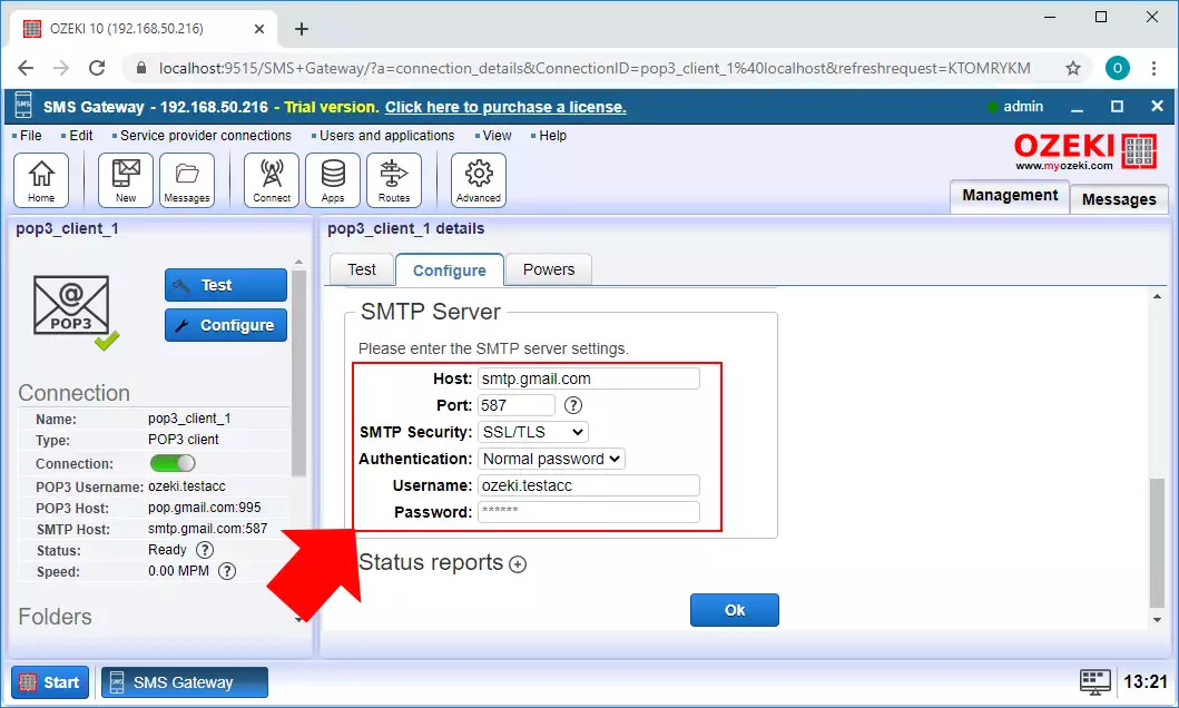 configure the smtp server details